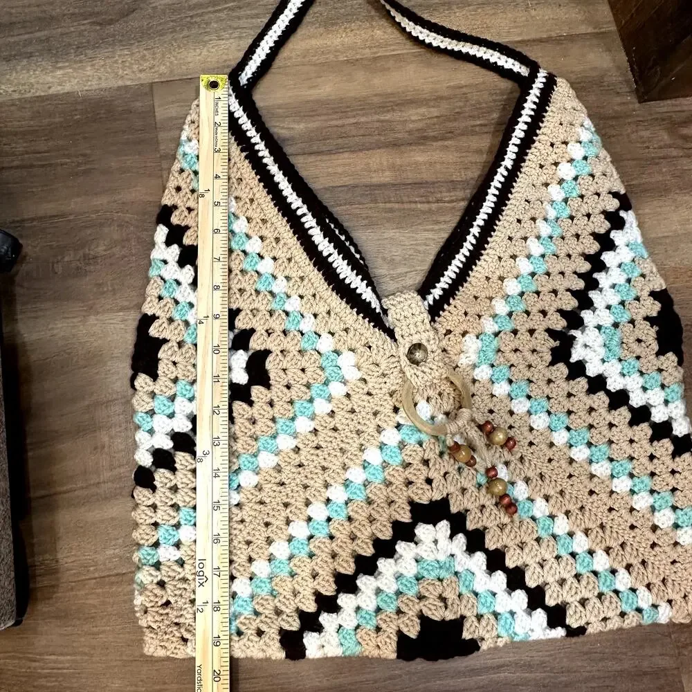 Hand Knit Crochet Granny Square Bag Beaded Accent Boho Retro Y2K Festival Tote